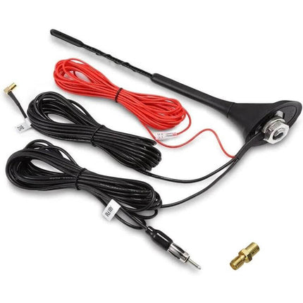 Roof Mounted DAB FM Antenna for Car Radio Signal Reception - black shark fin antenna with 7dB amplifier, red/black cables and mounting hardware