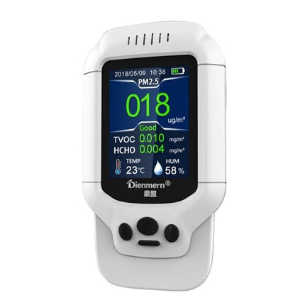 Portable Air Quality Detector for Formaldehyde and PM2.5 handheld monitor showing PM2.5 018, TVOC and HCHO readings, temperature and humidity display
