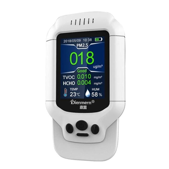 Portable Air Quality Detector for Formaldehyde and PM2.5 handheld monitor showing PM2.5 018, TVOC and HCHO readings, temperature and humidity display