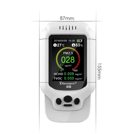 Portable Air Quality Detector for Formaldehyde and PM2.5 handheld monitor showing PM2.5 028, HCHO 0.009 mg/m³, TVOC 0.030 mg/m³, temperature and humidity