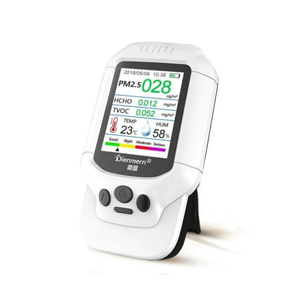 Portable Air Quality Detector for Formaldehyde and PM2.5 handheld monitor showing PM2.5, HCHO, TVOC, temperature and humidity readings