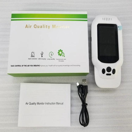 Portable Air Quality Detector for Formaldehyde and PM2.5 handheld monitor with box, USB cable and manual, shows sensors for HCHO TVOC PM2.5
