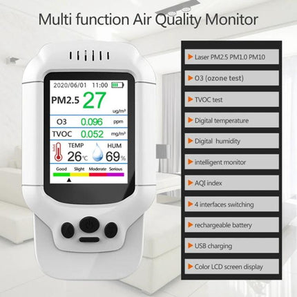 Portable Air Quality Detector for Formaldehyde and PM2.5 handheld monitor showing PM2.5, HCHO/TVOC, temperature and humidity readings