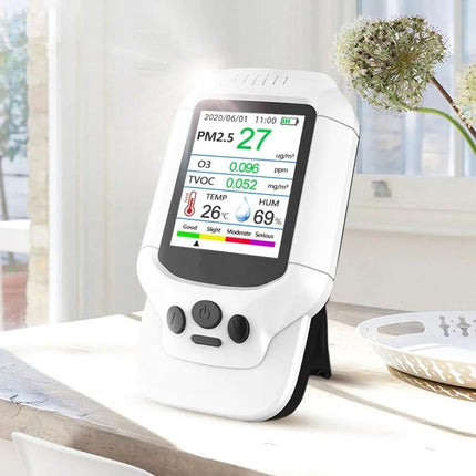 Portable Air Quality Detector for Formaldehyde and PM2.5 showing PM2.5, TVOC, HCHO, temperature and humidity readings on display