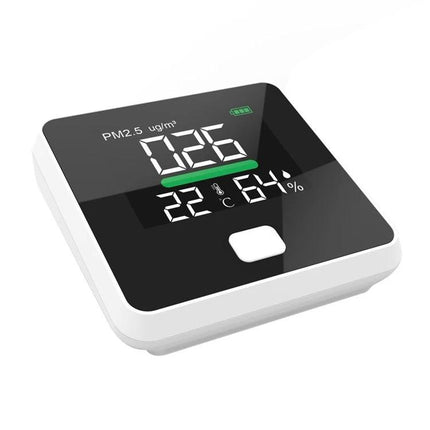 Compact Air Quality Monitor for Indoor Temperature and Humidity Detection showing PM2.5 026, temperature 22°C and humidity 64% on digital tube display