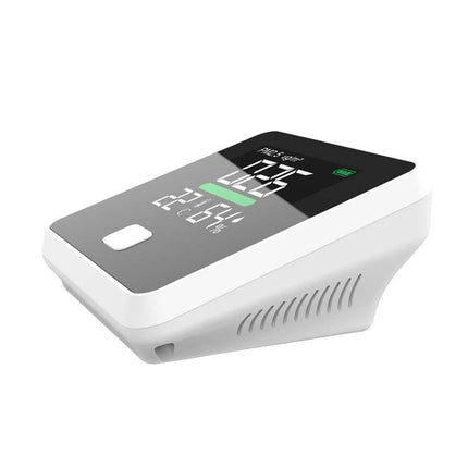 Compact Air Quality Monitor for Indoor Temperature and Humidity Detection — white digital tube display showing PM2.5, temperature and humidity