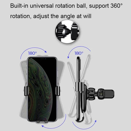 Universal Aluminum Gravity Car Phone Holder For Hands Free Driving showing 360° rotation, aluminum body and silicone pads securing phone for GPS and calls