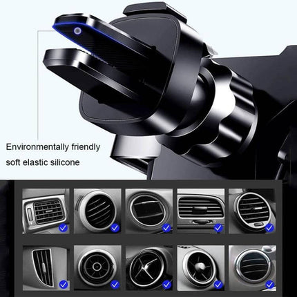 Universal Aluminum Gravity Car Phone Holder For Hands Free Driving showing aluminum alloy vent mount with silicone pads and compatible air vent types