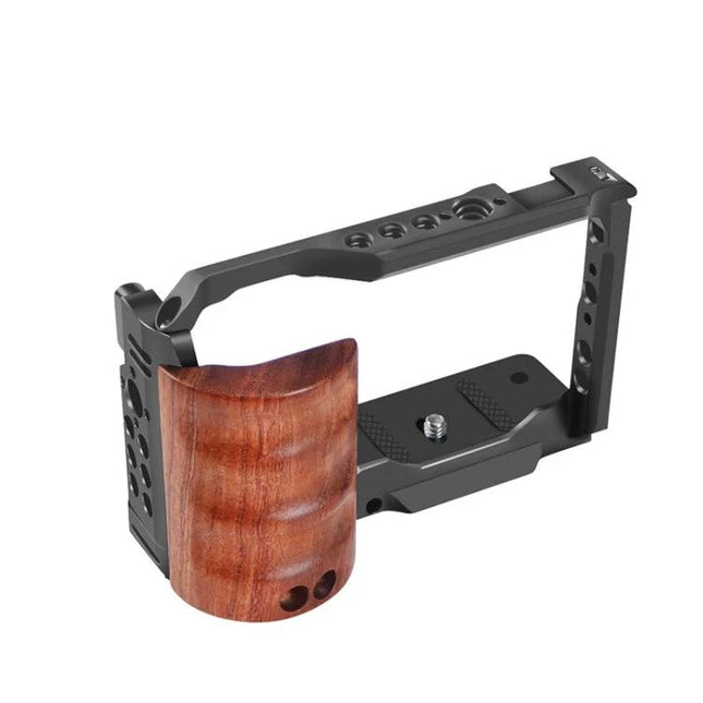 Aluminum Alloy Camera Cage with Wooden Handle for Sony ZV-E10 showing black alloy frame and wooden grip for handheld video shooting