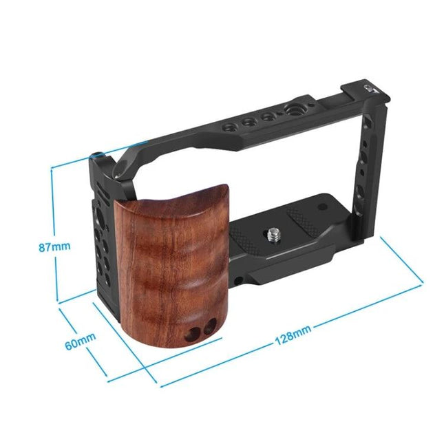 Aluminum Alloy Camera Cage with Wooden Handle for Sony ZV-E10 handheld rig with ergonomic wooden grip and mounting holes