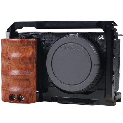 Aluminum Alloy Camera Cage with Wooden Handle for Sony ZV-E10 showing wooden grip and accessory mounting