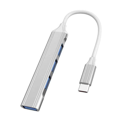 Compact 4-in-1 USB-C Docking Station for Multiple Device Connections silver slim hub with three USB-A ports and USB-C cable for laptop peripherals