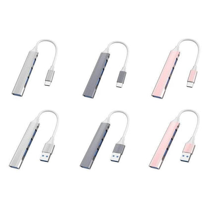 Compact 4-in-1 USB-C Docking Station for Multiple Device Connections - compact metallic USB-C dock in silver gray and rose gold showing multiple ports and cable
