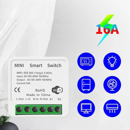 Wireless Smart Switch for Easy Home Device Control via App - compact 16A WiFi mini smart switch for lights, fans, appliances, scheduling and remote control