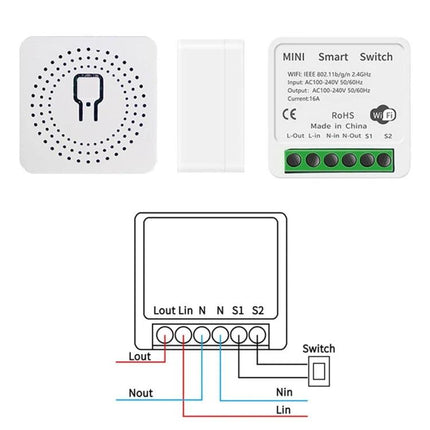 Wireless Smart Switch for Easy Home Device Control via App compact WiFi unit with wiring diagram and terminal labels