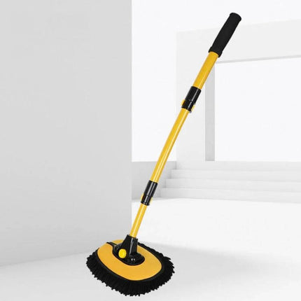Soft Fur Car Wash Mop with Retractable Curved Rod shown in yellow with soft black fur head for washing wheel wells and curved surfaces