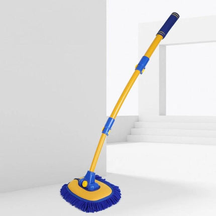 Soft Fur Car Wash Mop with Retractable Curved Rod shown extended with blue-yellow soft fur head for cleaning wheel wells and curved surfaces