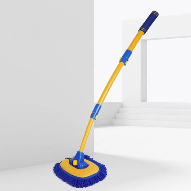 Soft Fur Car Wash Mop with Retractable Curved Rod shown extended with blue-yellow soft fur head for cleaning wheel wells and curved surfaces