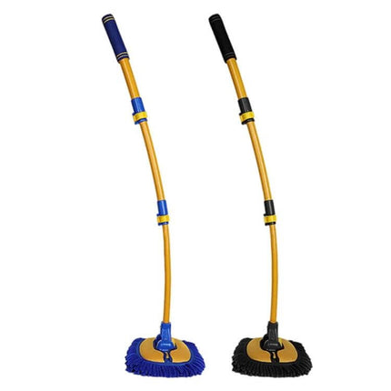 Soft Fur Car Wash Mop with Retractable Curved Rod shown in blue and black heads, telescoping curved handle for reaching wheel wells and curved surfaces