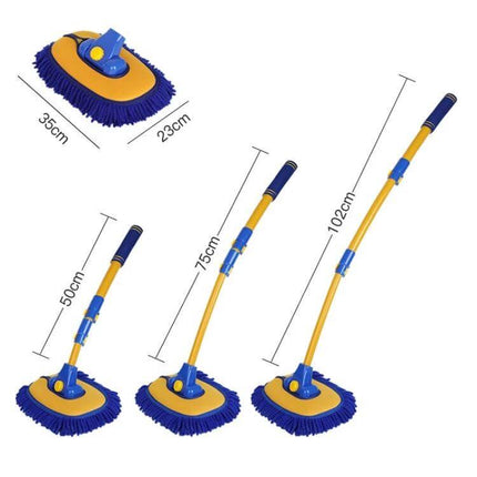 Soft Fur Car Wash Mop with Retractable Curved Rod - blue-yellow mop showing 50cm, 75cm, 102cm extension and 35x23cm head for cleaning wheel wells and curved surfaces
