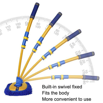 Soft Fur Car Wash Mop with Retractable Curved Rod — blue-yellow mop head and telescoping curved rod shown rotating to reach tight spots