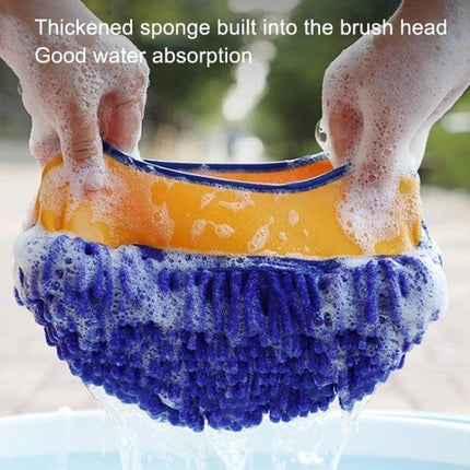 Soft Fur Car Wash Mop with Retractable Curved Rod - soapy blue microfiber sponge head being wrung out for water absorption and gentle vehicle cleaning