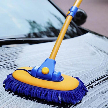 Soft Fur Car Wash Mop with Retractable Curved Rod cleaning windshield, soft fur head reaches curved surfaces and wheel wells