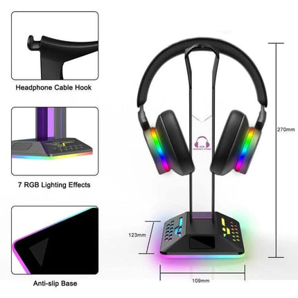 Headset Stand With RGB Lighting And Dual USB Charging Ports compact desk organizer with RGB halo and dual USB ports