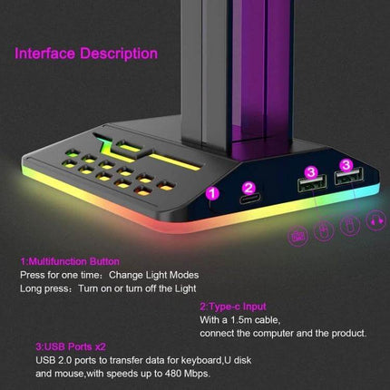 Headset Stand With RGB Lighting And Dual USB Charging Ports compact desk organizer with RGB glow and dual USB ports