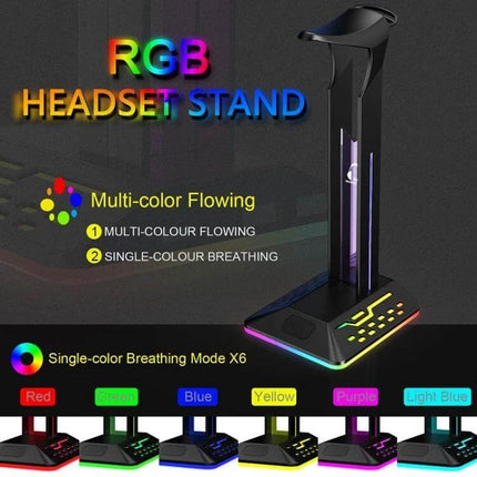 Headset Stand With RGB Lighting And Dual USB Charging Ports compact desk organizer with USB-C and multi-color LED strip