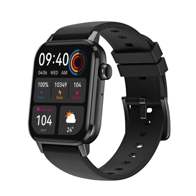 Compact Watch for Everyday Health and Activity Tracking showing heart rate, steps, weather and activity rings on black strap smartwatch