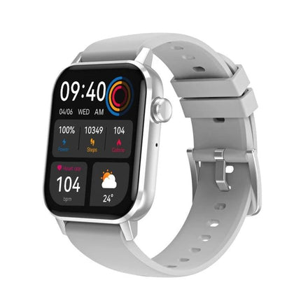 Compact Watch for Everyday Health and Activity Tracking with heart rate, steps, sleep and multi-sport modes on silver case and gray band