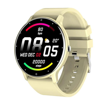 Versatile Silicone Smart Watch for Everyday Activity Tracking - beige silicone band, round AMOLED display showing steps, heart rate, time