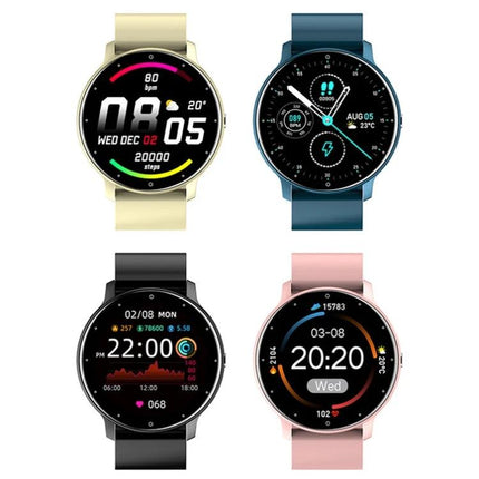Versatile Silicone Smart Watch for Everyday Activity Tracking showing four color variants displaying steps, heart rate, notifications and time