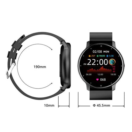 Versatile Silicone Smart Watch for Everyday Activity Tracking - black round face 45.5mm with 190mm silicone band showing activity screen and measurements