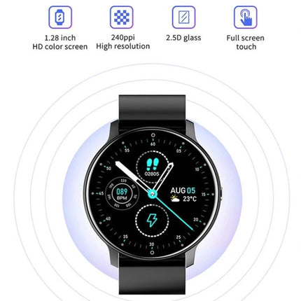 Versatile Silicone Smart Watch for Everyday Activity Tracking - black round face, silicone band showing steps, heart rate, date and notifications