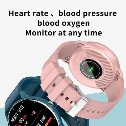Versatile Silicone Smart Watch for Everyday Activity Tracking showing pink and blue watches monitoring heart rate, blood pressure, and blood oxygen