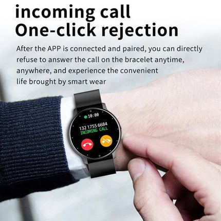 Versatile Silicone Smart Watch for Everyday Activity Tracking showing incoming call screen with one-click rejection and black silicone band