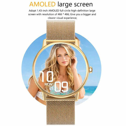 LOANIY Smart Watch for Daily Health Monitoring and Connectivity gold mesh band AMOLED display showing time and fitness tracking on beach background