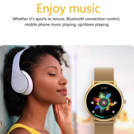 LOANIY Smart Watch for Daily Health Monitoring and Connectivity showing gold smartwatch with music controls next to woman wearing headphones