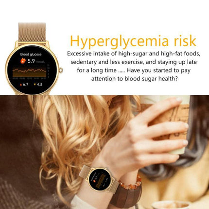 LOANIY Smart Watch for Daily Health Monitoring and Connectivity showing blood glucose monitoring and hyperglycemia risk on wrist during coffee