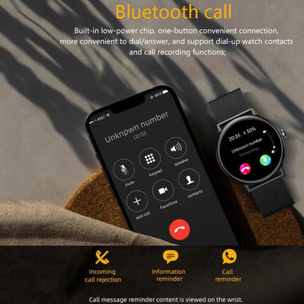 LOANIY Smart Watch for Daily Health Monitoring and Connectivity showing incoming Bluetooth call screen beside smartphone, black round watch face with strap