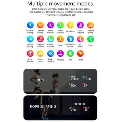 LOANIY Smart Watch for Daily Health Monitoring and Connectivity showing multiple sport modes and activity stats (running, rope skipping)