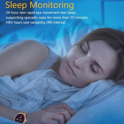 LOANIY Smart Watch for Daily Health Monitoring and Connectivity showing sleep monitoring while a woman sleeps with watch tracking REM and heart rate