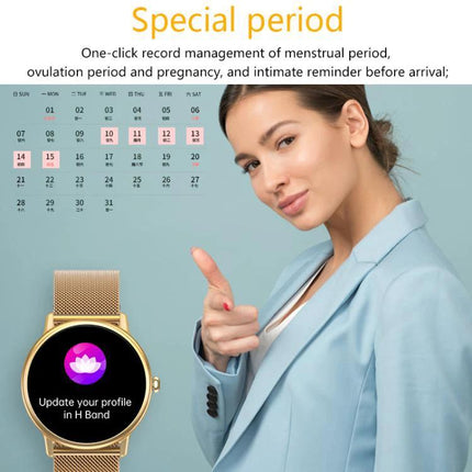 LOANIY Smart Watch for Daily Health Monitoring and Connectivity showing menstrual period tracking screen and gold mesh band watch