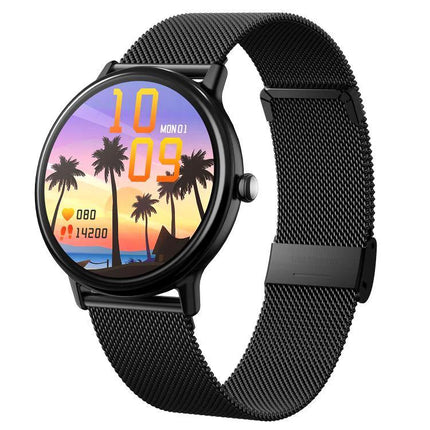 LOANIY Smart Watch for Daily Health Monitoring and Connectivity – black mesh band smartwatch showing heart rate and steps on colorful sunset display