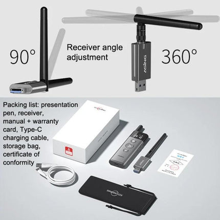 ASiNG A10 Green Light Wireless Page Turner for Presentations showing receiver with 90°–360° antenna adjustment and included pen, Type-C cable, manual and pouch