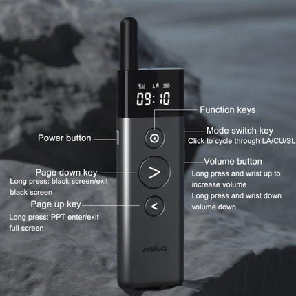 ASiNG A10 Green Light Wireless Page Turner for Presentations - handheld presenter with green laser, buttons for page up/down, volume, and mode switch