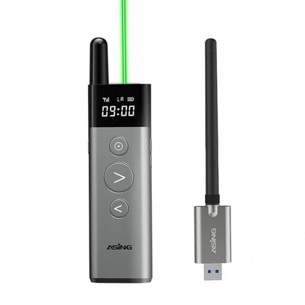 ASiNG A10 Green Light Wireless Page Turner for Presentations - silver remote with green laser and USB receiver for slide control