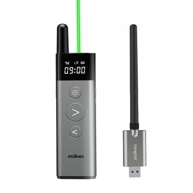 ASiNG A10 Green Light Wireless Page Turner for Presentations - silver remote with green laser and USB receiver for slide control